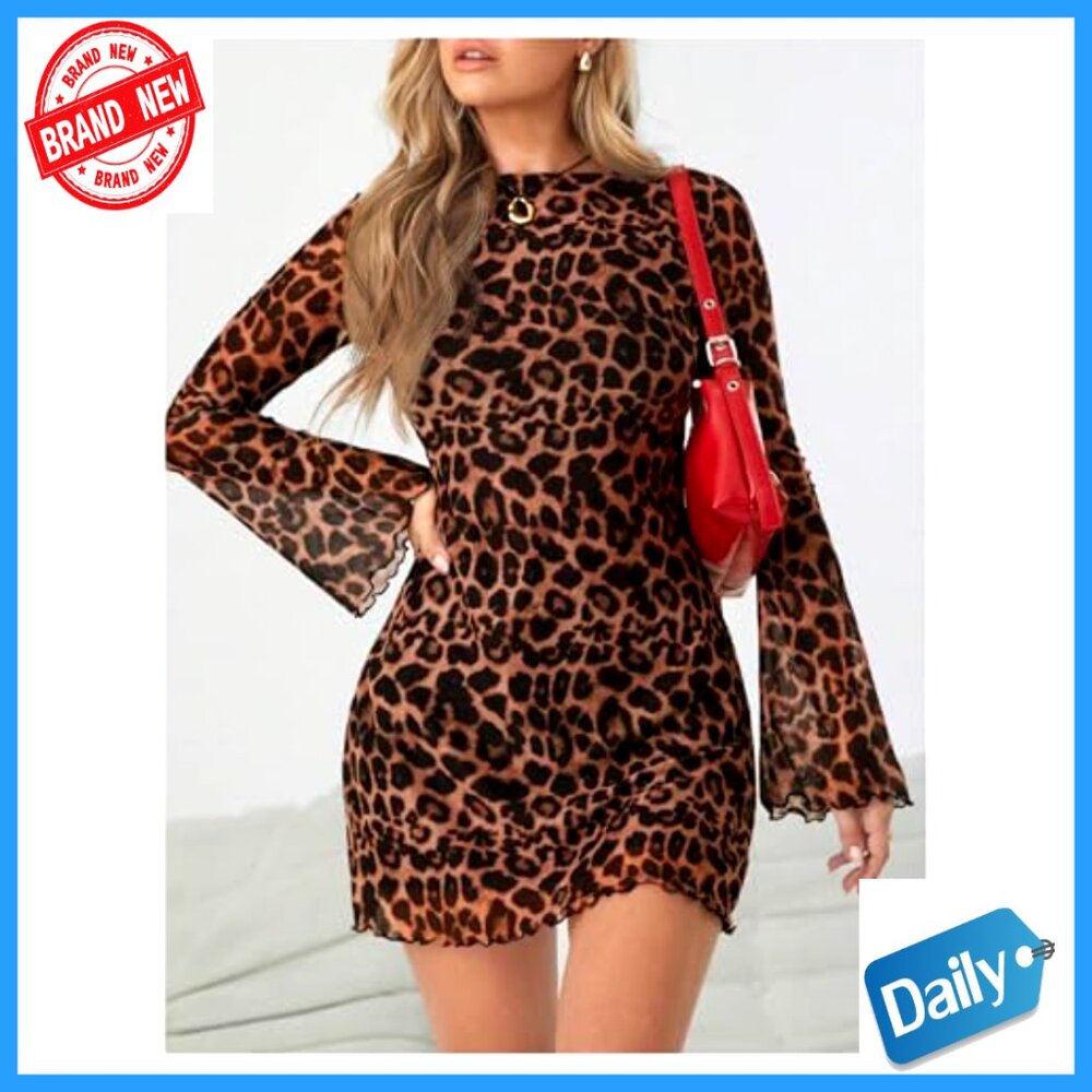 Leopard Print Mini Dress Y2K Bell Sleeve Sheer Mesh Party Clubbing Outfit - Picture 5 of 5